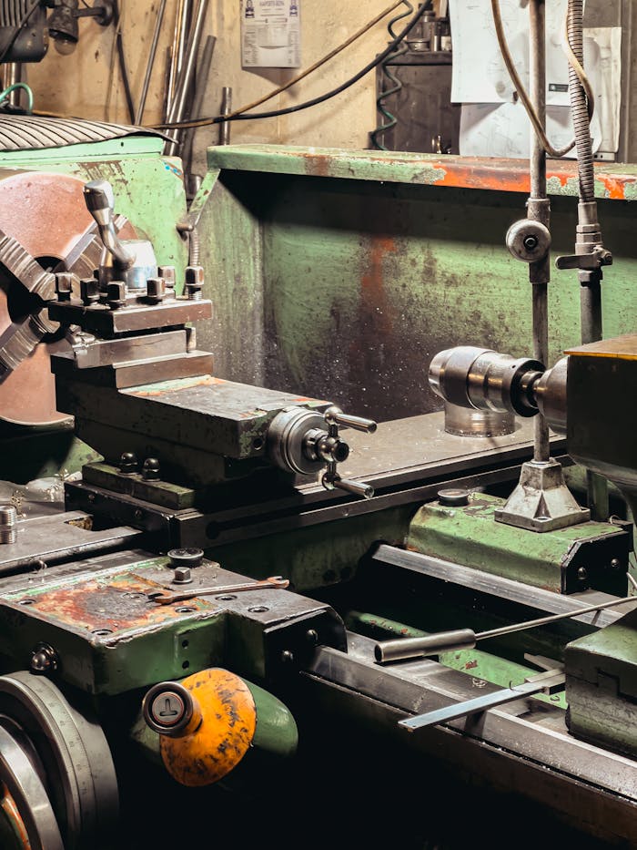 Close-up of a metal lathe in an industrial workshop setting.